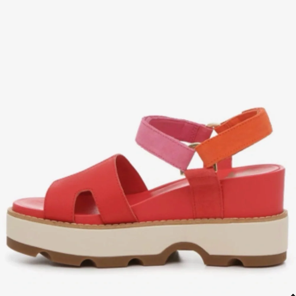 NWB Sorel Joanie IV Wedge Sandal, Red Glo/Honey White/Pink, Size 7.5